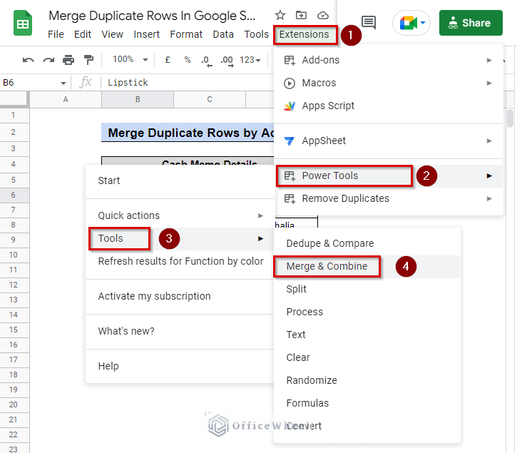 power tool usage for merge and combine duplicates in google sheets
